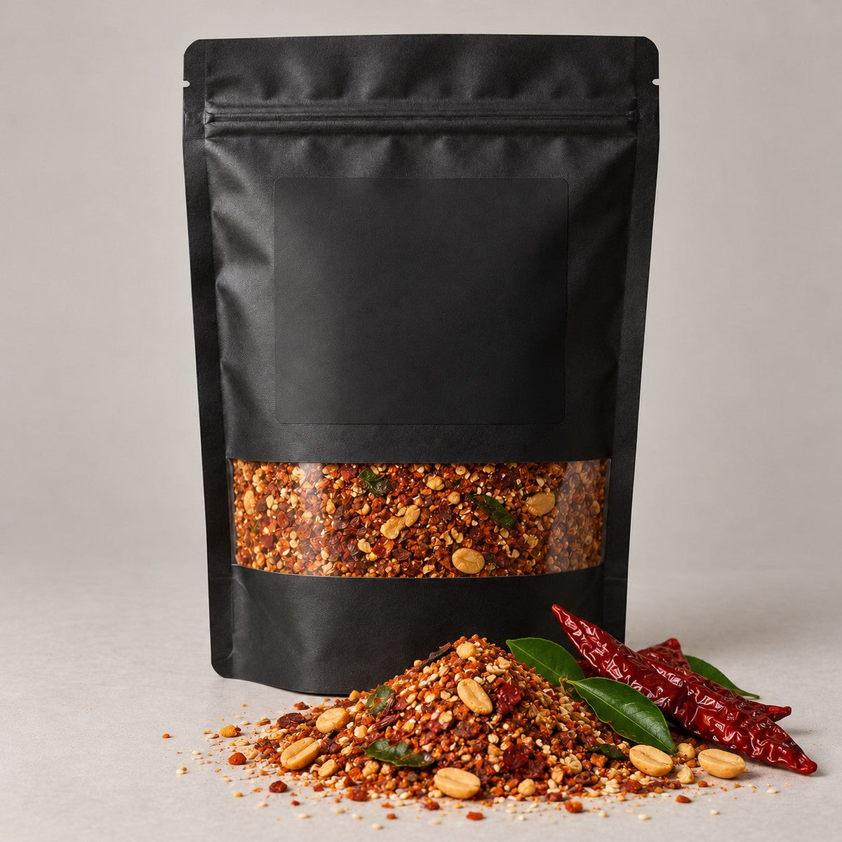 Namak Mirch Hyderabadi Mirch Curry Masala kitchen pack with the blend spilled in front