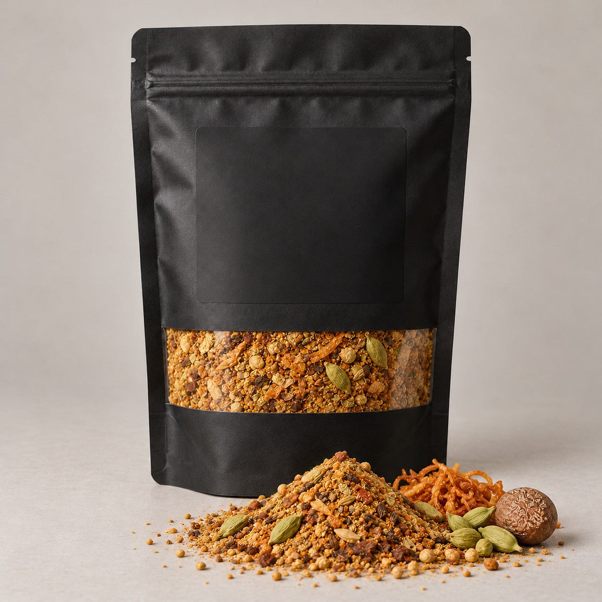 Namak Mirch Korma Masala kitchen pack with the blend spilled in front