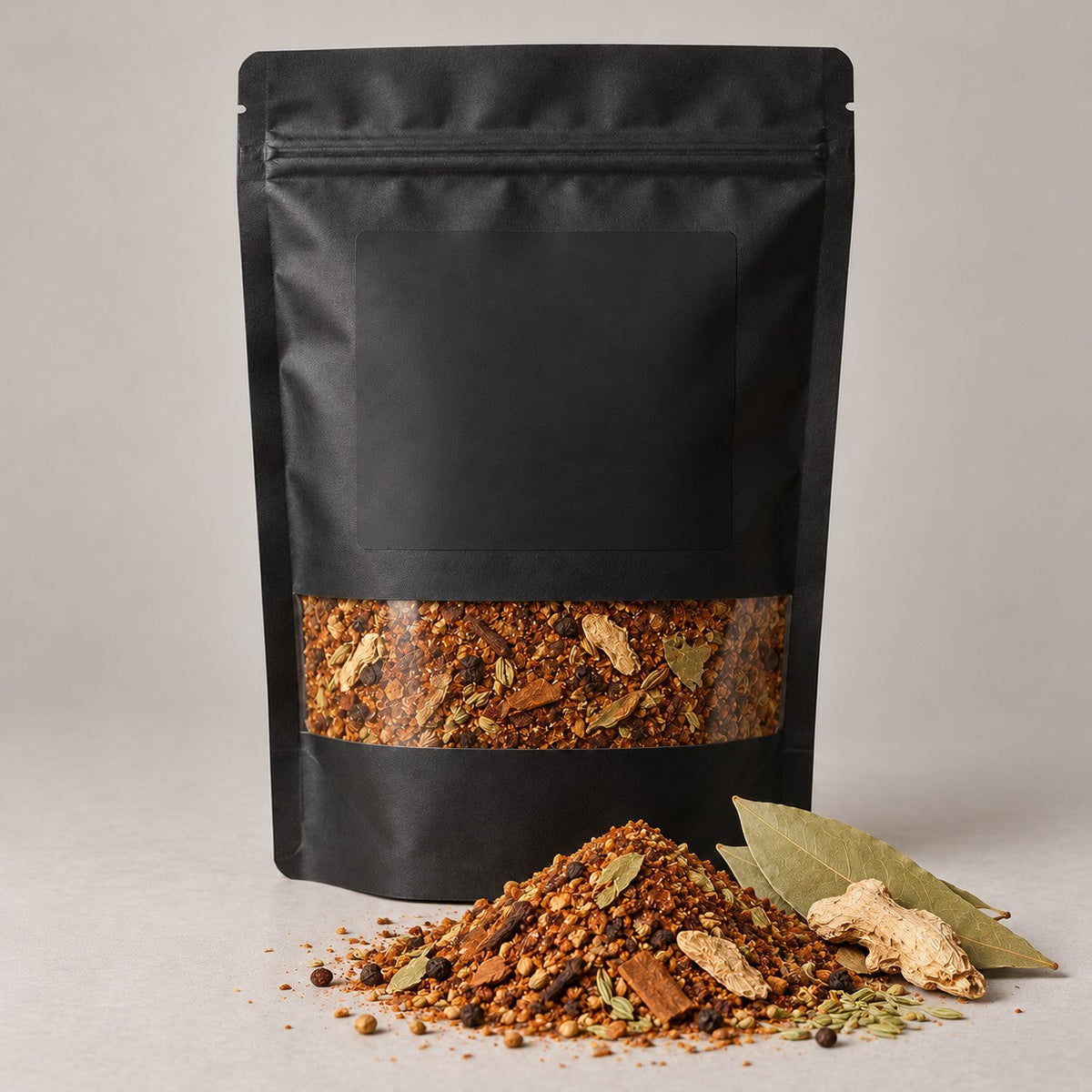 Namak Mirch Nihari Masala kitchen pack with the blend spilled in front