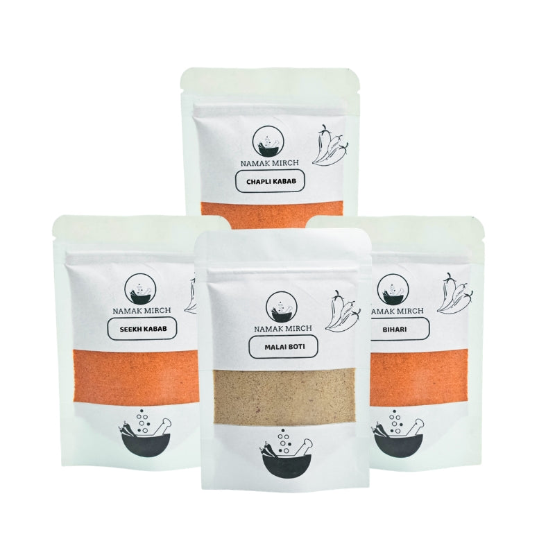 Namak Mirch Meat Taster Kit with four BBQ and kabab recipe mix packs
