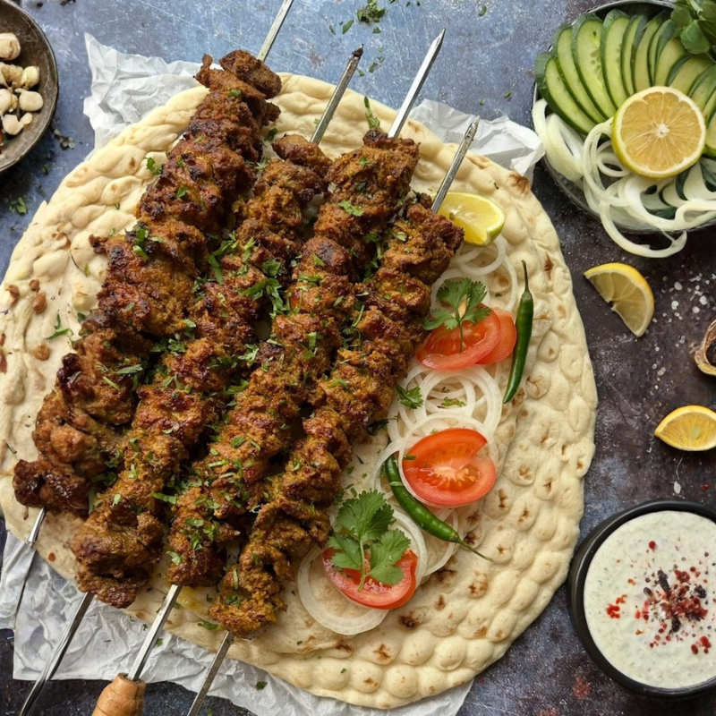Namak Mirch Meat Taster Kit box showing Bihari Boti, Chapli Kabab, Seekh Kabab and Malai Boti packs