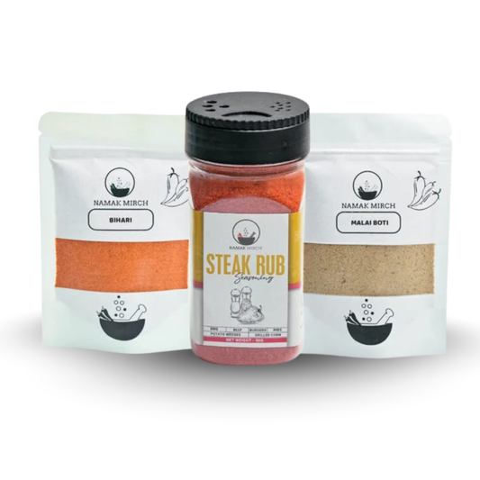 Namak Mirch Grill Set gift box with Steak Seasoning and two BBQ recipe mix packs