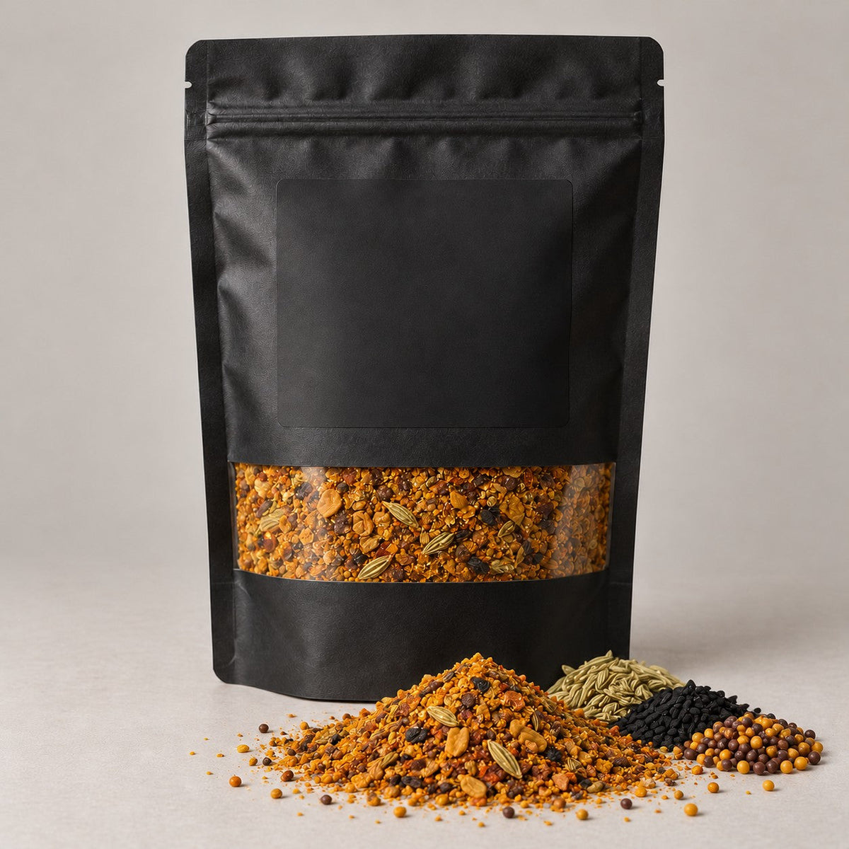 Namak Mirch Achar Gosht Masala kitchen pack with the blend spilled in front