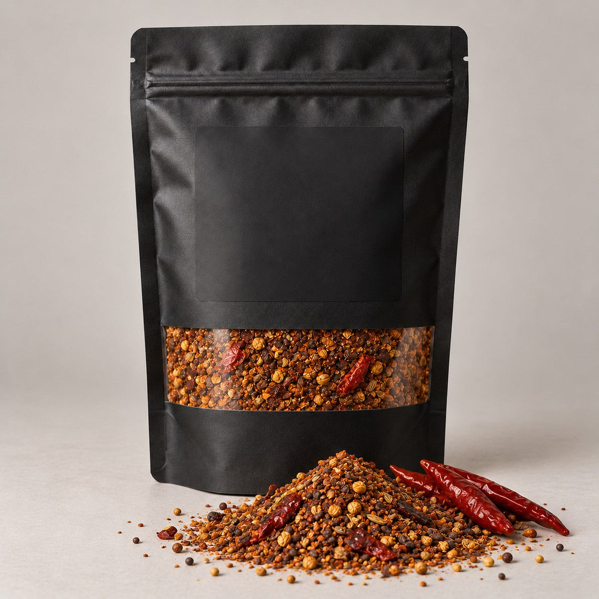 Namak Mirch Bihari Masala kitchen pack with the blend spilled in front