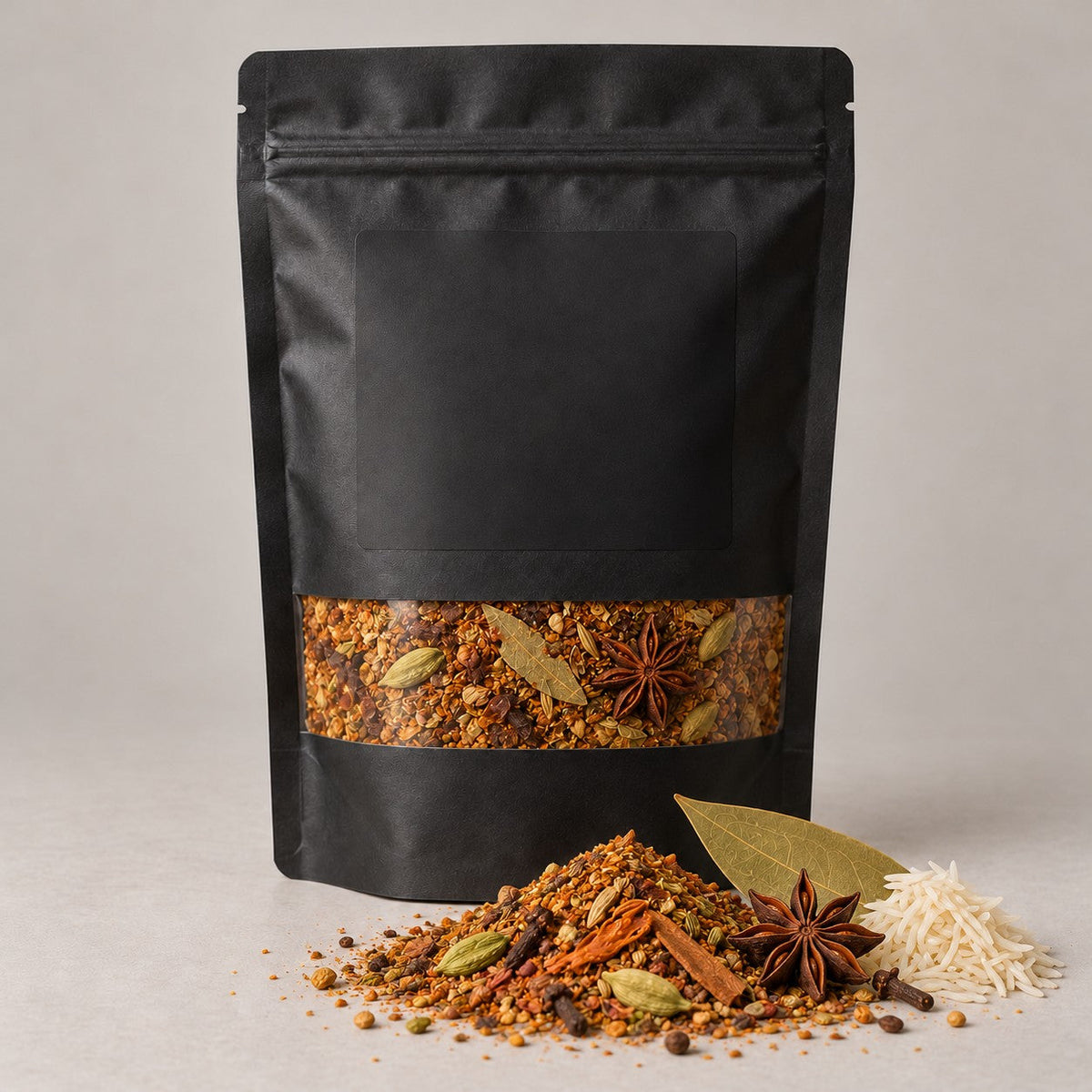 Namak Mirch Biryani Masala kitchen pack with the blend spilled in front