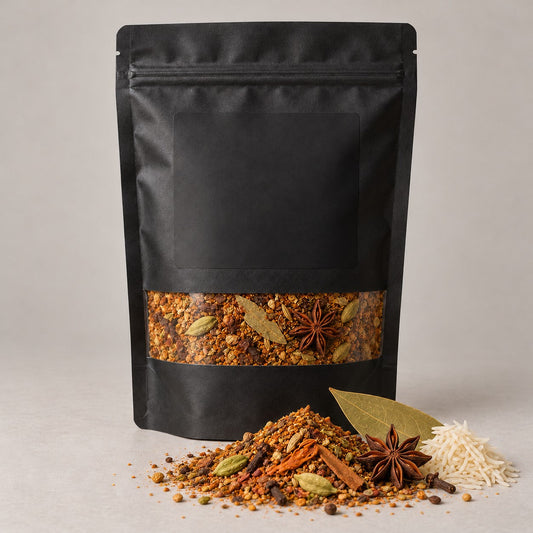 Namak Mirch Biryani Masala kitchen pack with the blend spilled in front