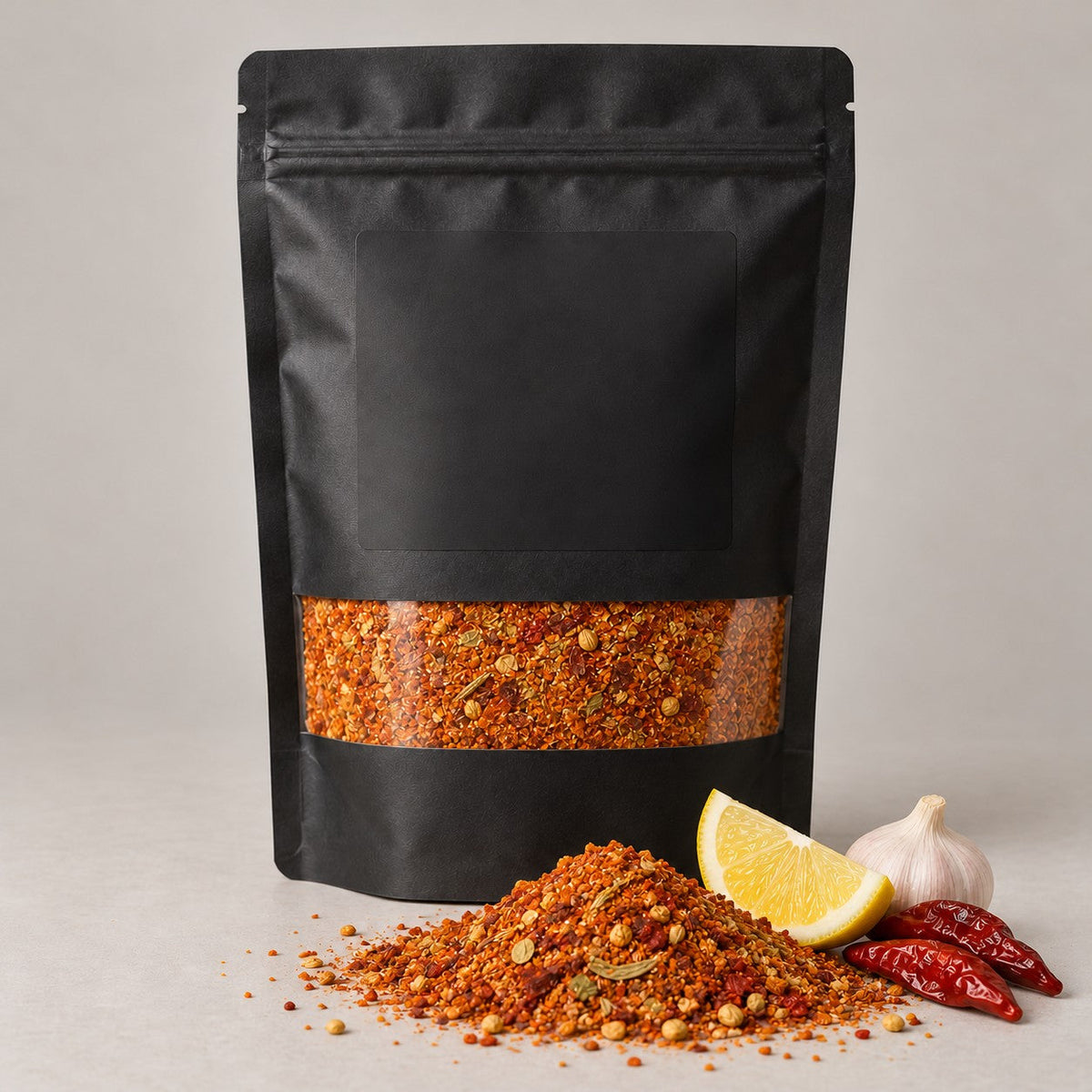 Namak Mirch Chargha Masala kitchen pack with the blend spilled in front