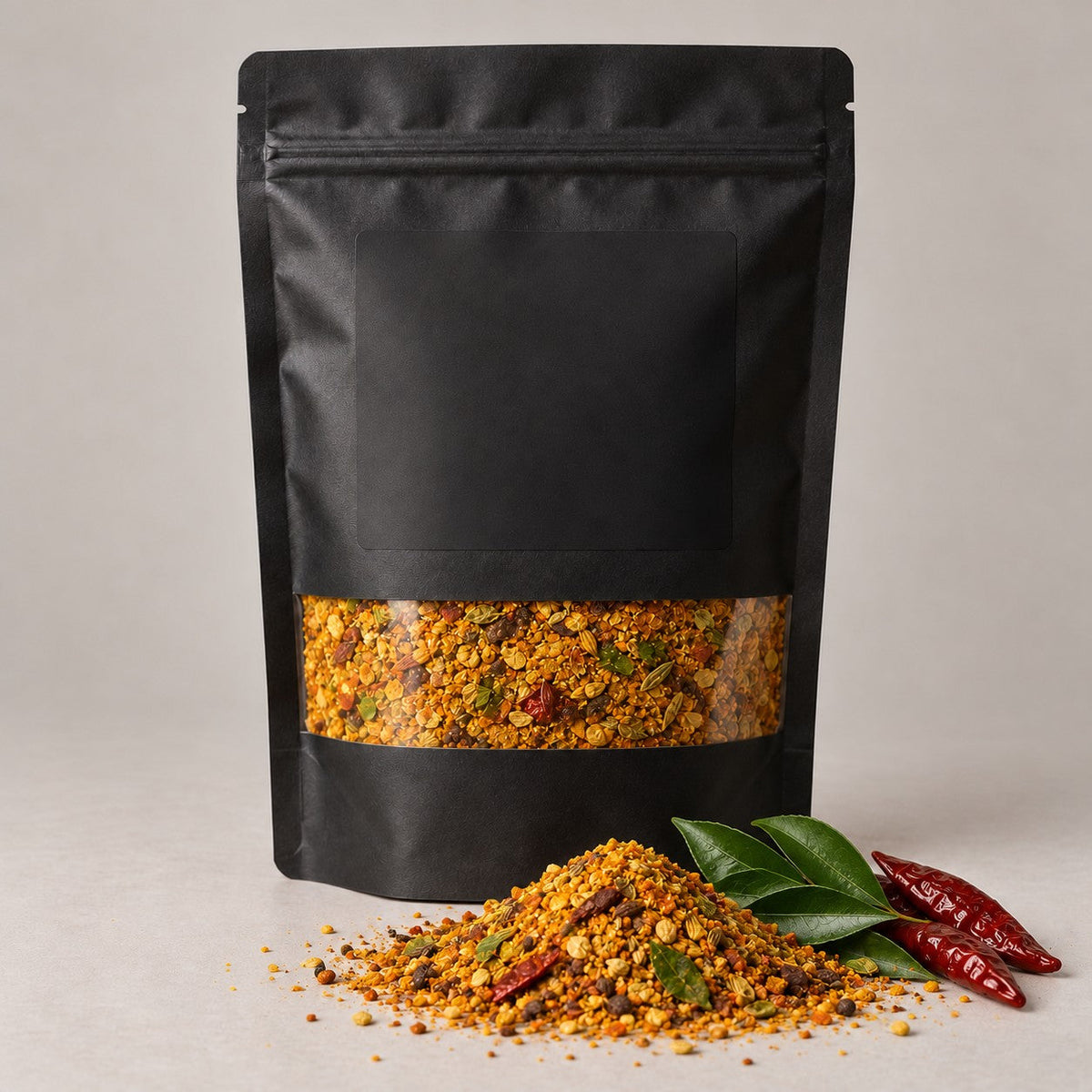 Namak Mirch Kaari Masala kitchen pack with the blend spilled in front