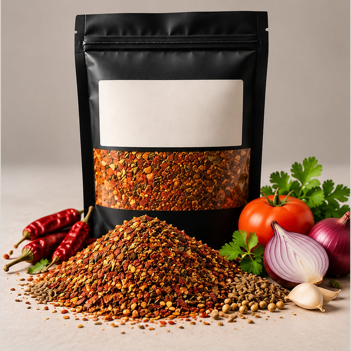 Namak Mirch Kachri Qeema Masala kitchen pack with the blend spilled in front