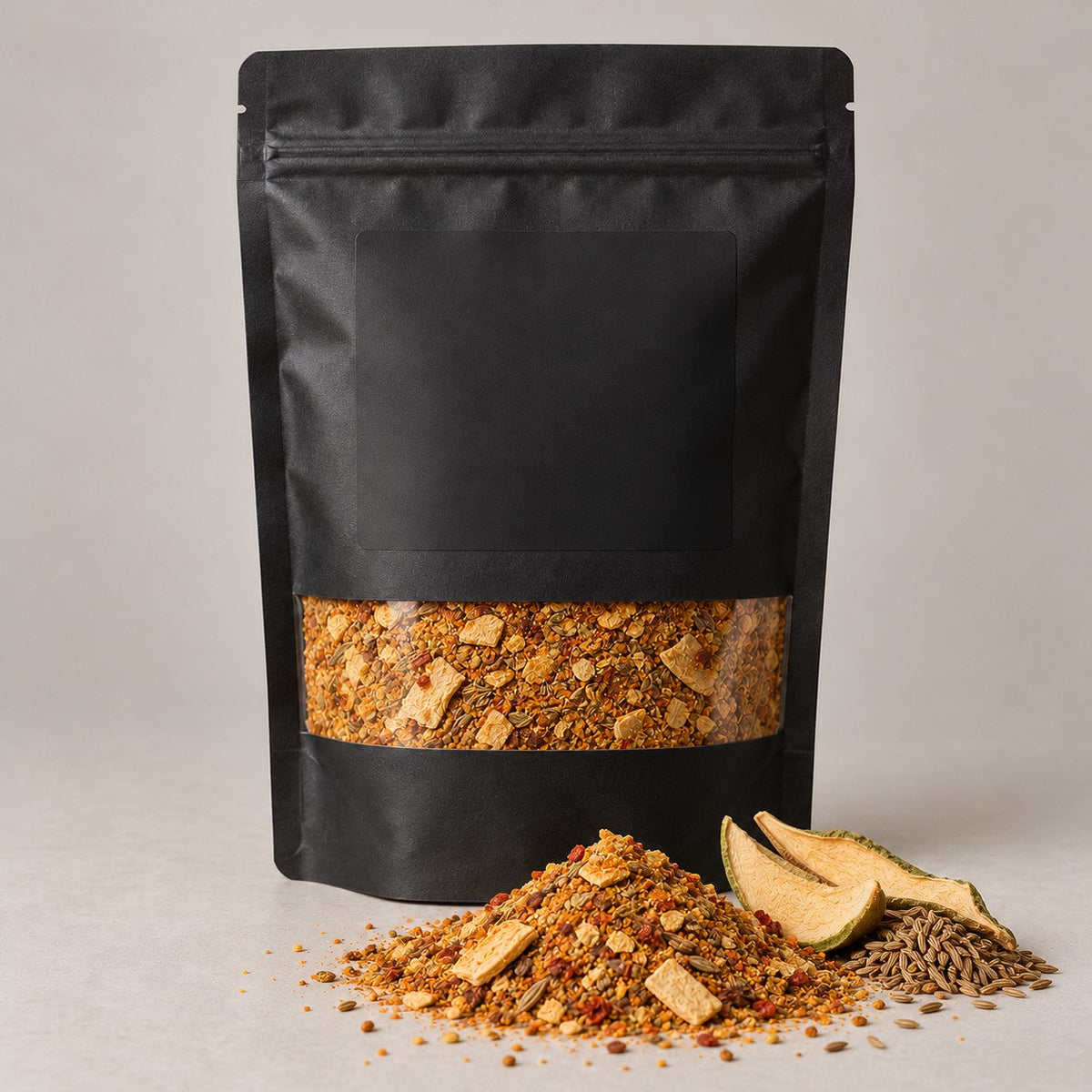 Namak Mirch Khatey Aloo Masala kitchen pack with the blend spilled in front
