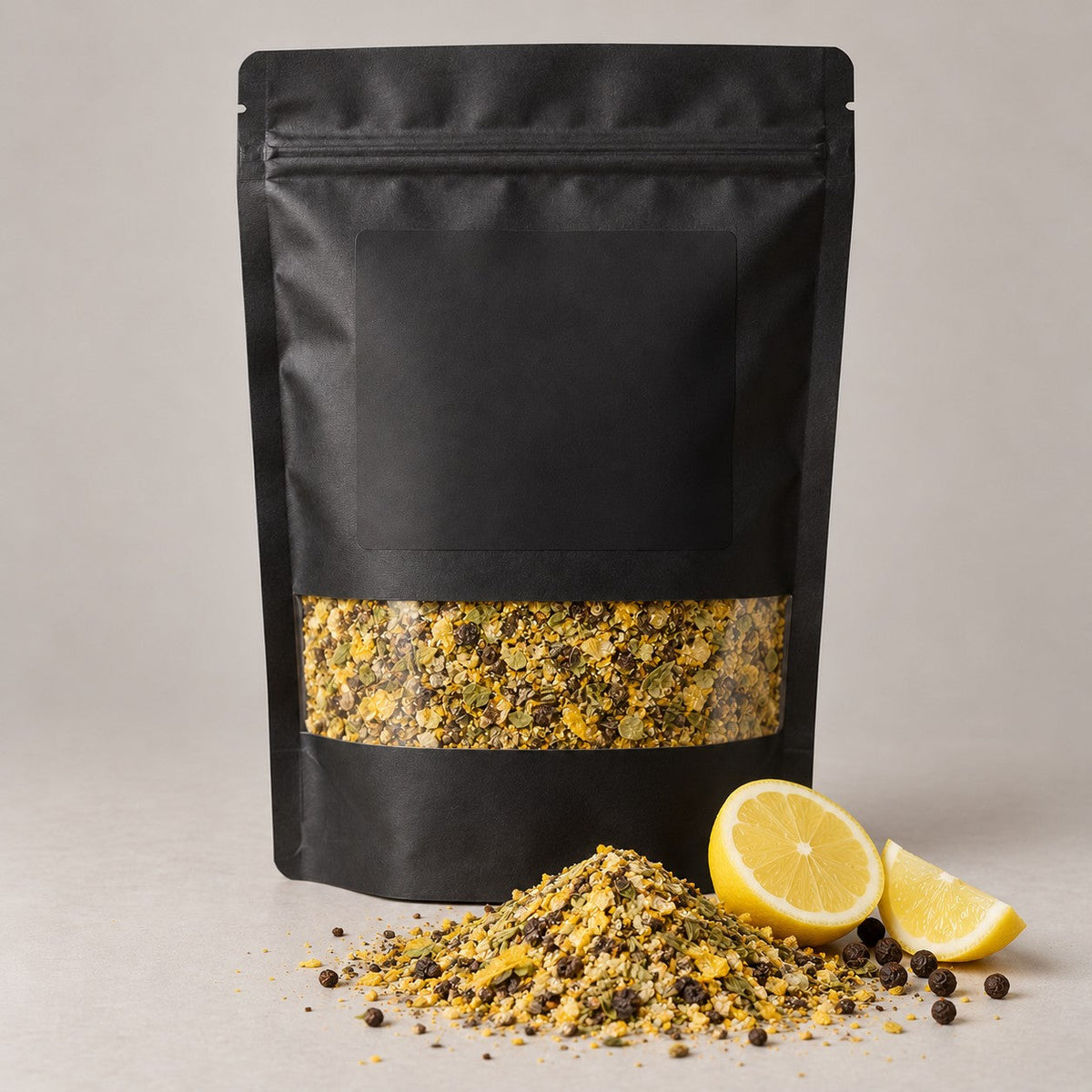 Namak Mirch Lemon Pepper & Herb kitchen pack with the blend spilled in front