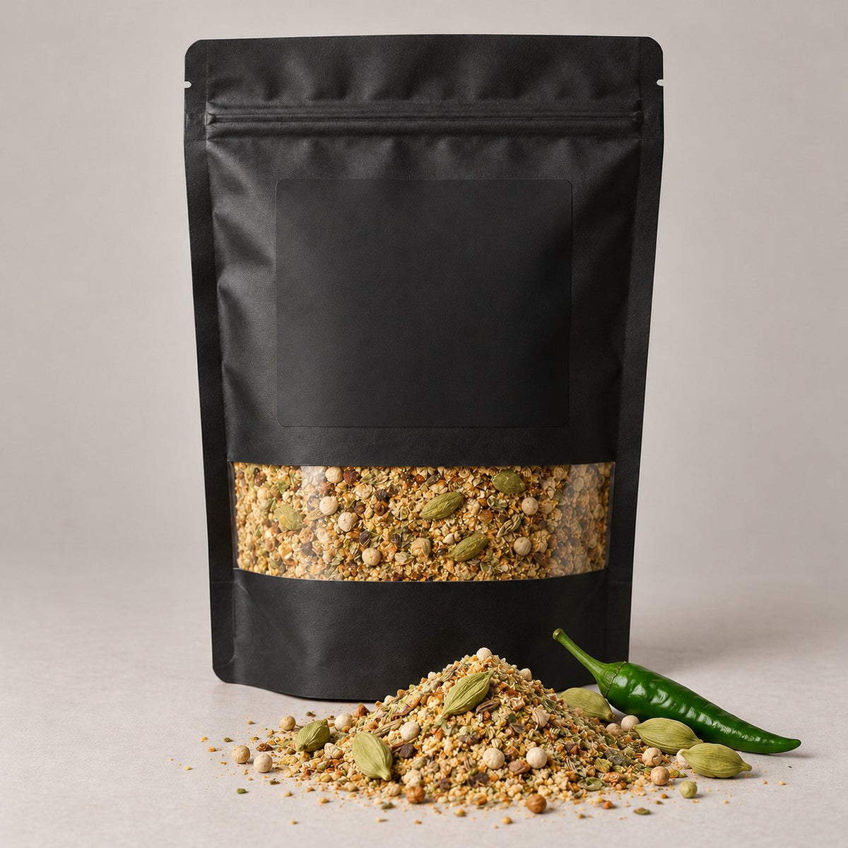 Namak Mirch Malai Boti Masala kitchen pack with the blend spilled in front