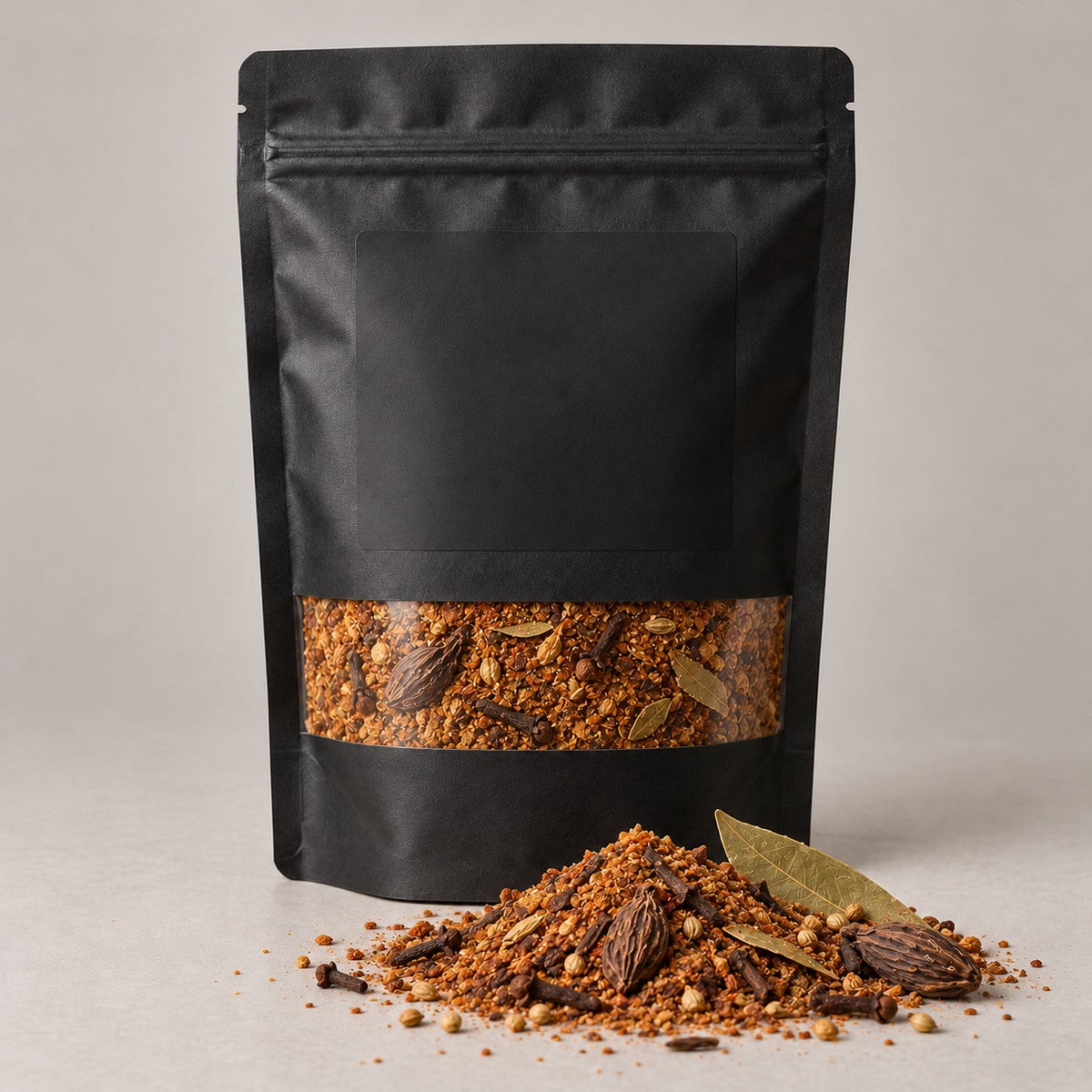 Namak Mirch Paaye Masala kitchen pack with the blend spilled in front