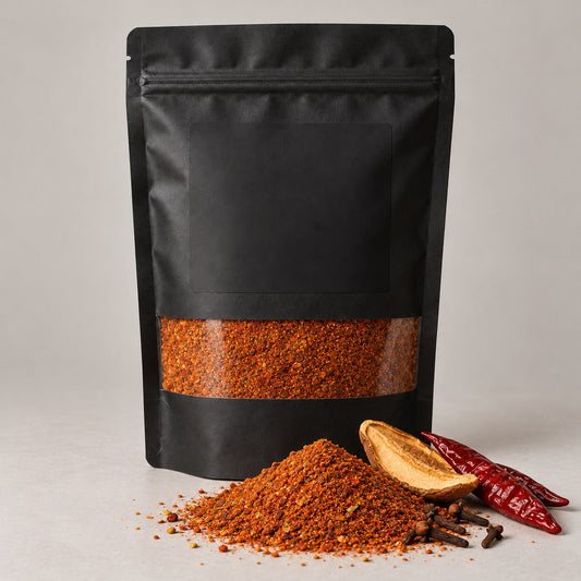 Namak Mirch Pav Bhaji Masala kitchen pack with the blend spilled in front