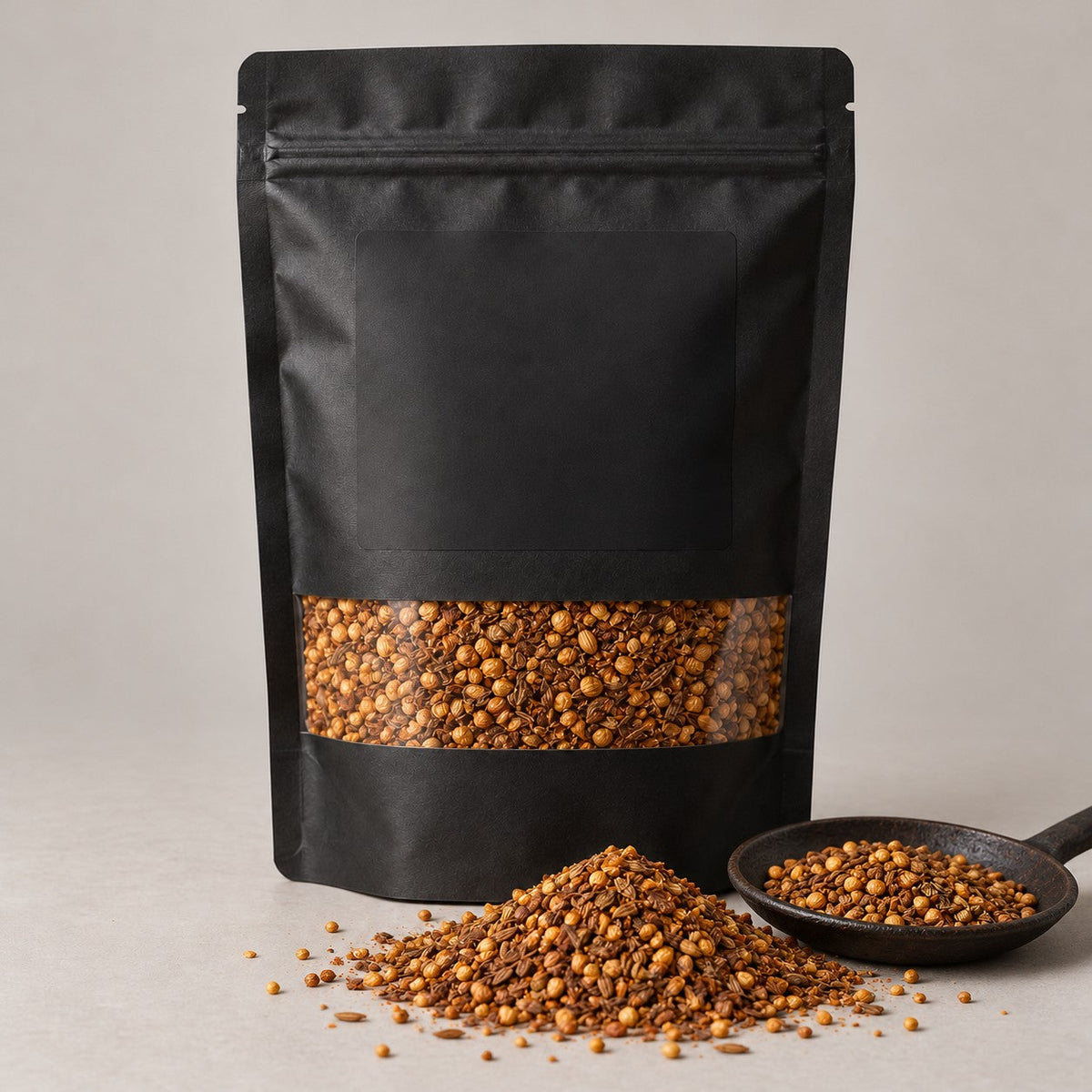 Namak Mirch Roasted Spices kitchen pack with the blend spilled in front