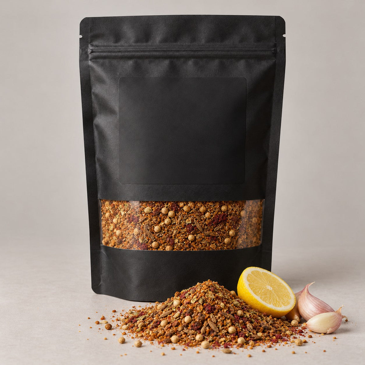 Namak Mirch Shawarma Seasoning kitchen pack with the blend spilled in front