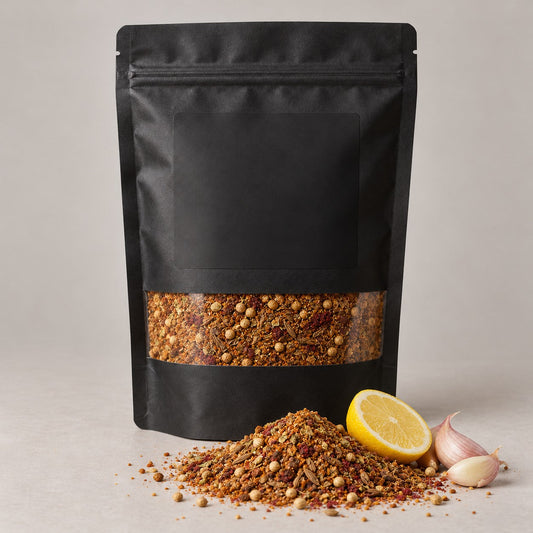 Namak Mirch Shawarma Seasoning kitchen pack with the blend spilled in front
