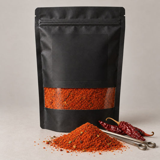 Namak Mirch Tandoori Masala kitchen pack with the blend spilled in front