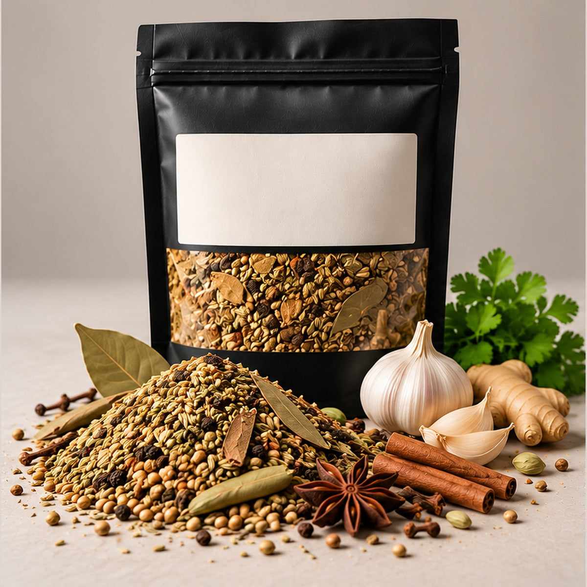 Namak Mirch White Pulao Masala kitchen pack with the blend spilled in front